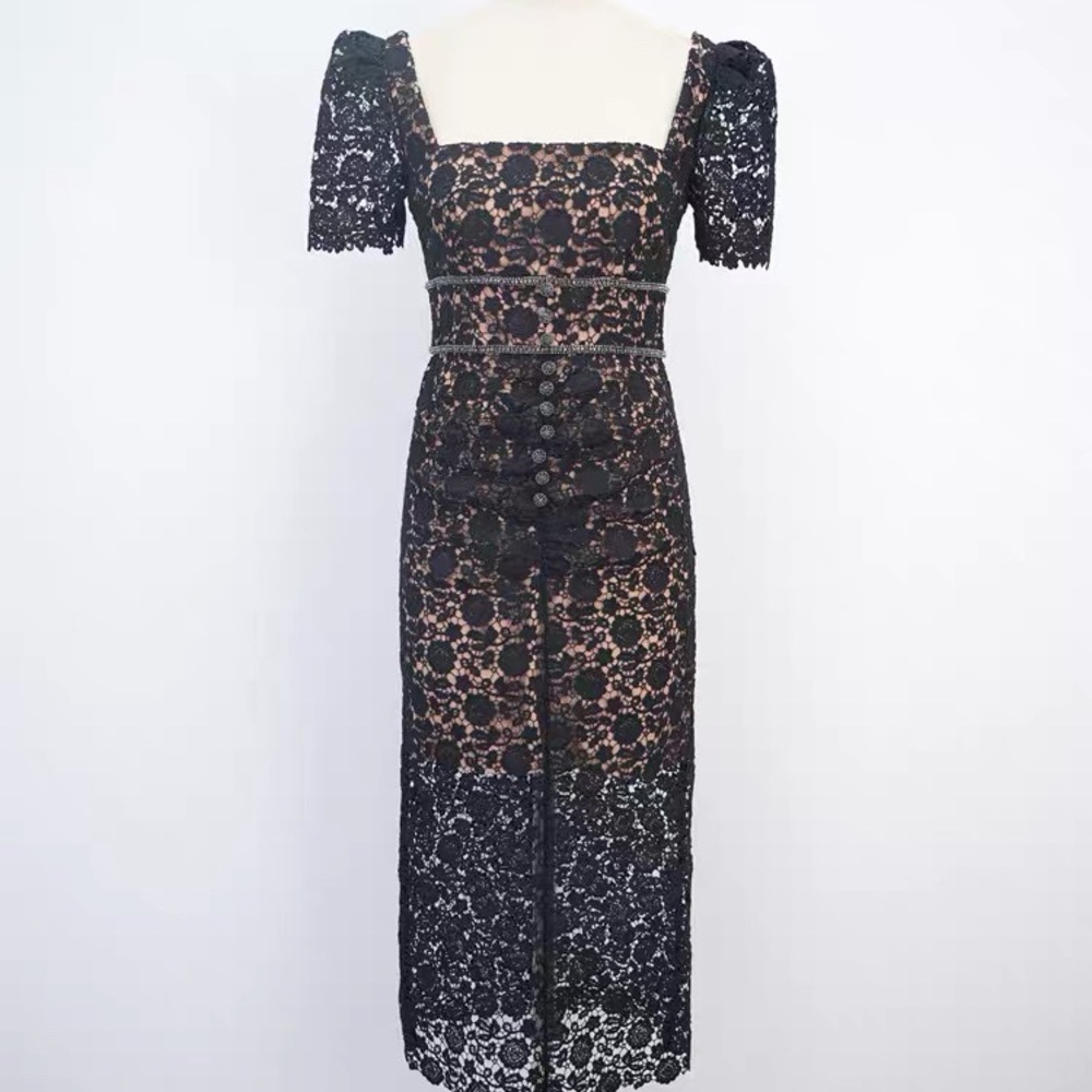 Self-Portrait Guipure Fitted Embellished Buttons Black Lace Midi Dress NWOT - Picture 5 of 15
